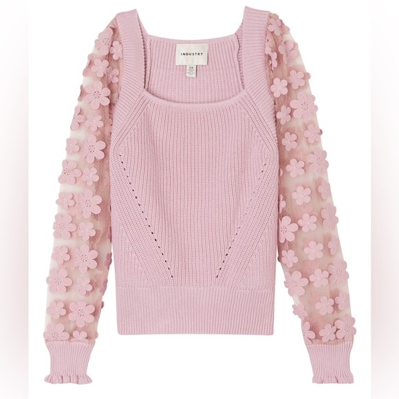 INDUSTRY Lilac Pink Cotton Knit Sweater Top w Sheer Floral Applique Sleeve S - Picture 12 of 12